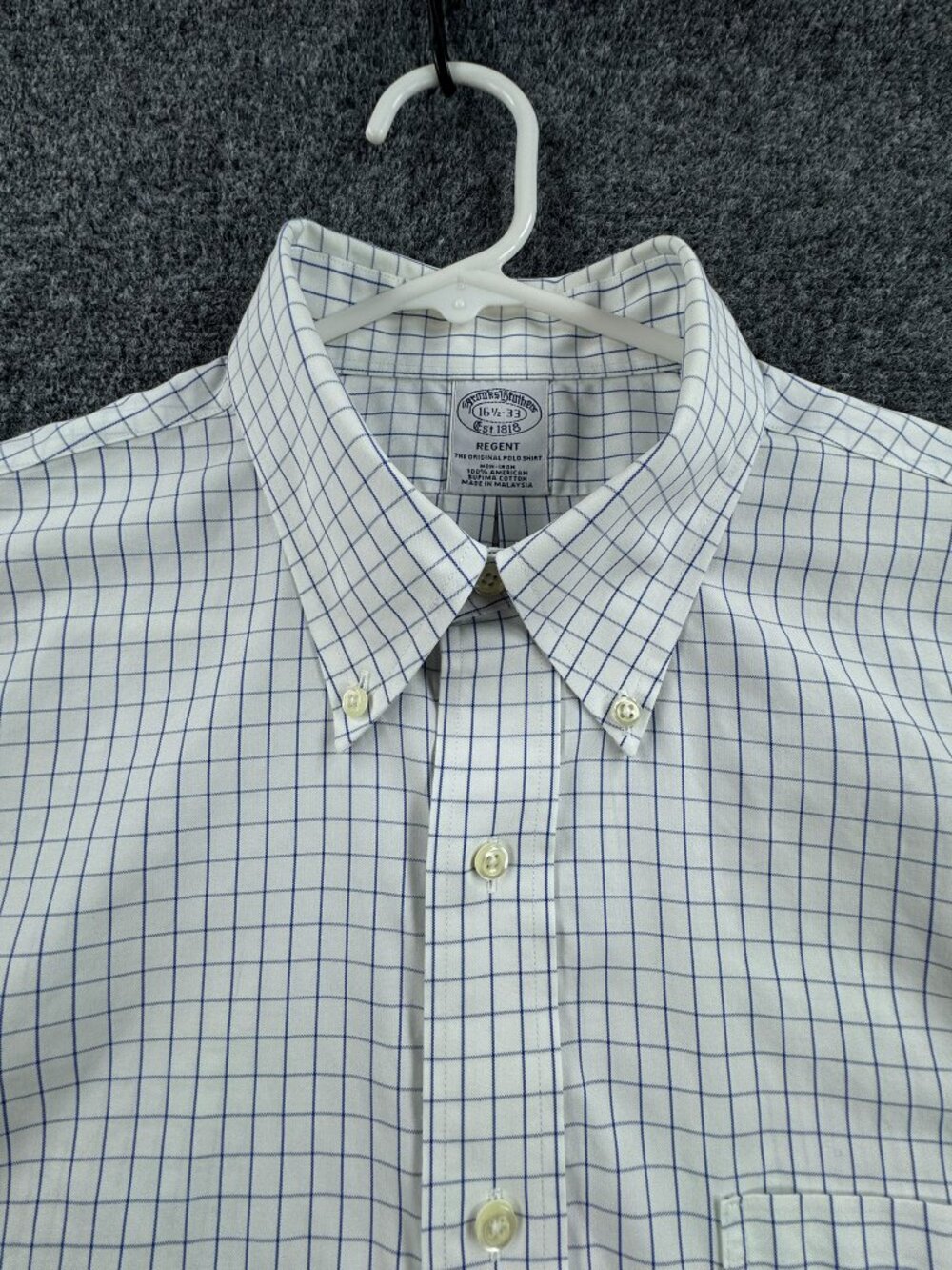 Brooks Brothers Check 16.5 33 All Cotton Regent White Blue Button-Down Non-Iron